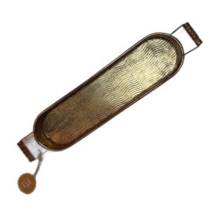 Οβάλ μεταλλικός χρυσός δίσκος με ξύλινα χερούλια (2 φιάλες)